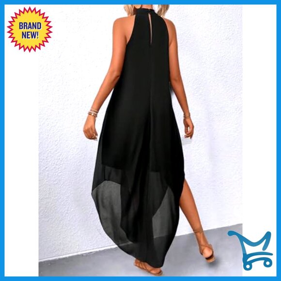 Halter Formal Wedding Guest Dress Flowy Sleeveless Asymmetrical Long Elegant - Picture 2 of 7